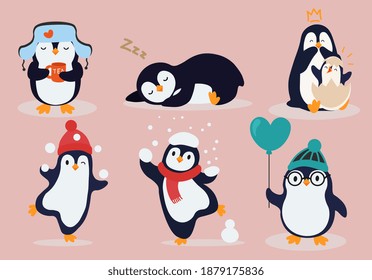 Set of six cute funny cartoon penguins celebrating, sleeping, drinking tea and celebrating for kids, cartoon colored vector illustration