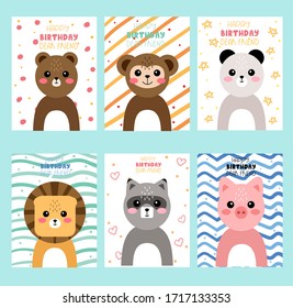 Set of six cute greeting cards with animals.Vector illustration.