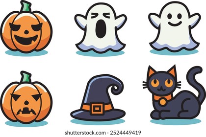 A set of six cute Halloween-themed vector icons featuring two carved pumpkins, two ghosts, a witch's hat, and a black cat. The icons are simple, cartoonish, and perfect for holiday designs.