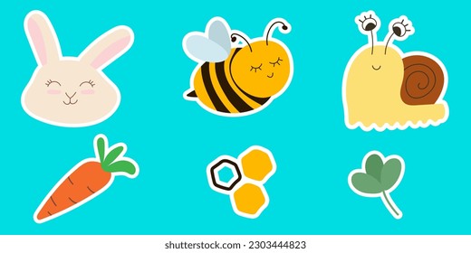 Set of six cute hand drawn baby stickers consisting of a sleepy bee, a cute bunny, a curious snail, a carrot, a leaf and a honeycomb