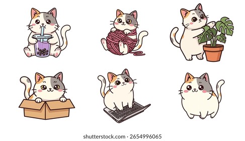 A set of six cute kawaii calico cat characters in funny poses. Sticker pack collection including a cat with boba tea, yarn, a laptop, and a plant. Perfect vector clip art for cat lovers. Isolated on w