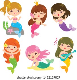 Set of six cute mermaids in different poses over white background