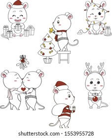 Set of six cute mice. New Year and Christmas cartoon doodles. Year of the mouse-rat 2020. Vector outline illustration drawings on a white background.