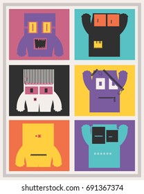 Set of six cute monsters with emotions on color background. Collection of funny characters stickers for different use. cartoon illustration