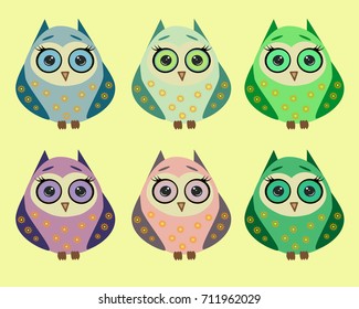 A set of six cute owls with long eyelashes, in different color variations in orange stars