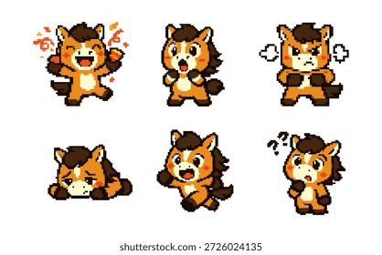 Set von sechs niedlichen Pixel Kunst Pferd Charakter Emoten mit verschiedenen Ausdrücken einschließlich glücklich, wütend, traurig, Laufen, und verwirrt.