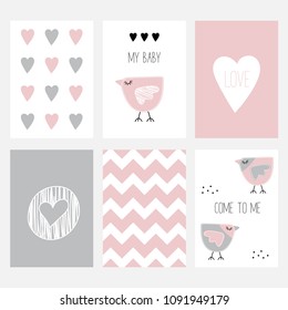 A set of six cute postcards with a birdie. Chick on a pink and gray background with hearts. Vector illustration in the Scandinavian style. Text: my baby, come to me, love.