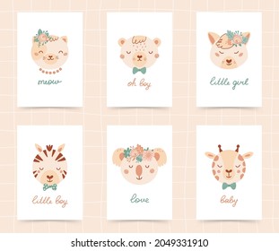 Set six cute poster with the face of zebra, cat, bear, giraffe, fox, koala. A collection with animals flat style for children clothing, textiles, wallpapers. Vector Illustration