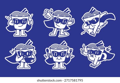 Set of six cute ramen cup mascots dressed as superheroes with capes and masks, in various action poses. Ideal for fast food, instant meal packaging, or comic graphics