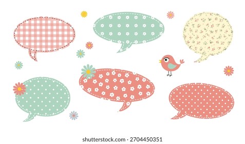 Set of six cute and rustic speech bubbles with various patterns like gingham and floral perfect for scrapbooking and invitations.