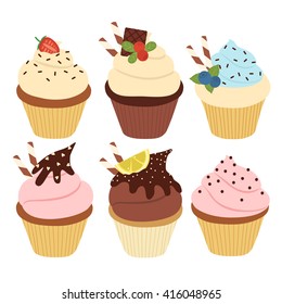 set of six cute simple cupcakes with different flavors on white background. can be used like stickers or for greeting cards and party invitations