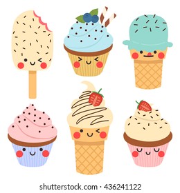 set of six cute simple cupcakes and ice creams with cute faces on white background. can be used like stickers or for greeting cards and party invitations