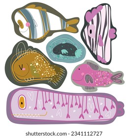 Set of six cute stickers with fish for Kids. Vector, doodle.