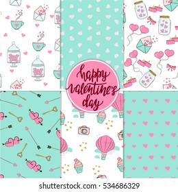 Set of six cute Valentine's day seamless patterns.