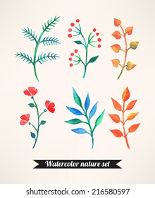 Set of six cute watercolor hand drawn plants