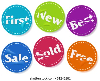 Set of six damaged colorful labels with words first, new, best, sale, sold and free