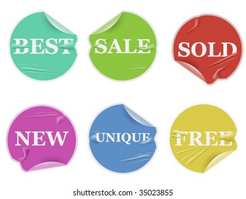 Set of six damaged sticky labels with text: best, sale, sold, new, unique and free