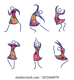 Set of six dancing abstract female figures in colorful dresses isolated on the white background, vector illustration