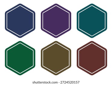 Conjunto de seis etiquetas hexagonales de color oscuro con borde blanco