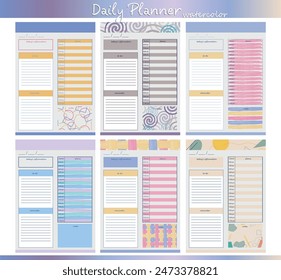 Set of six day planners with abstract watercolor prints in vector. Suitable for school, college, university and habit building.