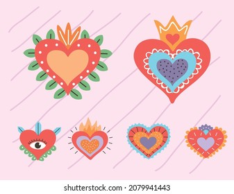 conjunto de seis corazones decorados