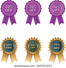 Ein Satz von sechs dekorativen Abzeichen, drei lila und drei gold, jedes mit einem Prozentsatz des Verkaufs Angebot mit begleitenden Bändern, perfekt für Aktionen.