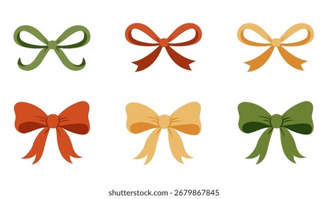 Conjunto de seis arcos decorativos en colores rojo, verde y dorado aislados sobre fondo blanco. Colección de cinta festiva para Navidades, año Nuevo, envoltura de regalo, tarjetas de felicitación y diseño de vacaciones.