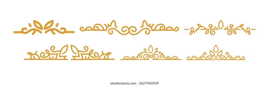 A set of six decorative golden dividers with ornate flourishes, vintage swirls, and artistic embellishments, perfect for adding elegance to any design.