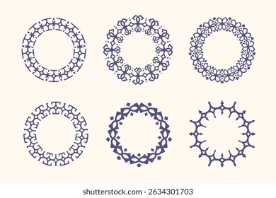 Un conjunto de seis diseños de mandala decorativos aislados sobre un fondo blanco. Estos adornados patrones circulares presentan Elementos geométricos y florales, perfectos para añadir un toque elegante a cualquier proyecto
