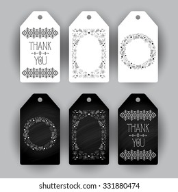 Set of six decorative tags templates. Vector.Chalk board texture. Thank you note.