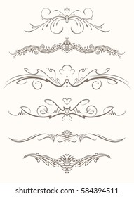 Set of six decorative vintage vector page elements, text dividers.