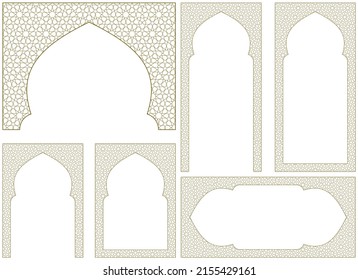 A set of six design elements. . Ornament in Arabic geometric style. Arc, two frames proportion A4, two frames 2 x1 proportion and bonus element