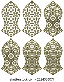 A set of six design elements.Three geometric ornaments in Arabic style