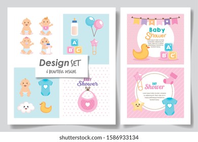 set six designs of baby shower for girl vector illustration design