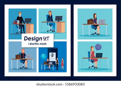 set of six designs business people in the workplace vector illustration design