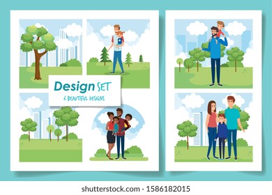 set of six designs family group in scenes natural vector illustration design