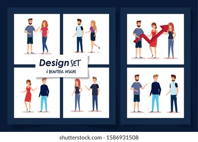 set six designs of group people and arrow up vector illustration design