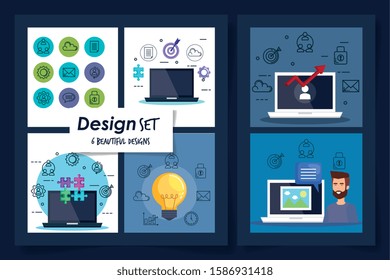 set six designs of man with teamwork icons vector illustration design