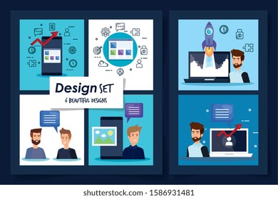 set six designs of men with teamwork icons vector illustration design