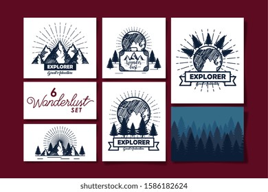 set of six designs scenes wanderlust and icons vector illustration design