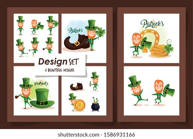 set six designs of st patricks day with leprechaun and icons vector illustration design