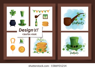 set six designs of st patricks day with icons vector illustration design