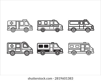 Set of six different ambulance and medical service vehicle icons