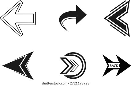 Un conjunto de seis iconos de flecha diferentes adecuados para la interfaz de usuario y fines de Diseño web.