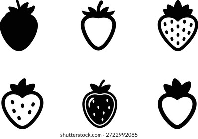 Conjunto de seis diferentes fresas negras delineadas y rellenas
