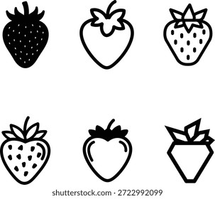 Conjunto de seis diferentes fresas negras delineadas y rellenas sobre fondo blanco