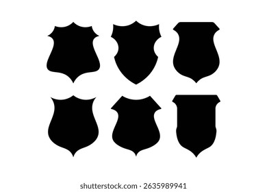 Set of six different black shield silhouettes isolated on white background in vector illustration