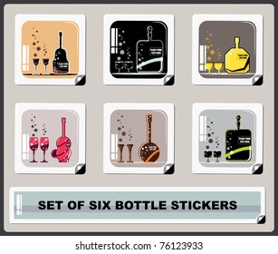 Set of six different bottles with glasses stickers