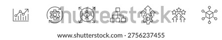 A set of six different business and science related line icons on a white background