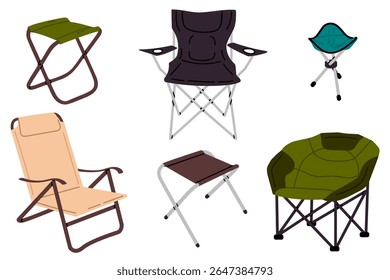 Set of six different camping chairs and stools isolated on white background. Various portable outdoor seats for hiking, fishing, picnic, and travel.
